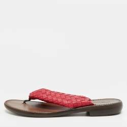 Pre Owned Bottega Veneta Size 39.5 Red Intrecciato Leather Thong Flats