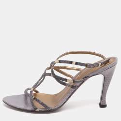 Pre Owned Bottega Veneta Size 37.5 Purple Snakeskin Leather Slingback Sandals