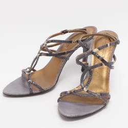 Pre Owned Bottega Veneta Size 37.5 Purple Snakeskin Leather Slingback Sandals