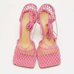Pre Owned Bottega Veneta Stretch Size 38 Pink Mesh and Leather Ankle Wrap Sandals