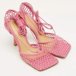 Pre Owned Bottega Veneta Stretch Size 38 Pink Mesh and Leather Ankle Wrap Sandals