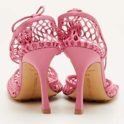Pre Owned Bottega Veneta Stretch Size 38 Pink Mesh and Leather Ankle Wrap Sandals