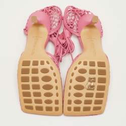 Pre Owned Bottega Veneta Stretch Size 38 Pink Mesh and Leather Ankle Wrap Sandals