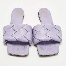 Pre Owned Bottega Veneta Lido Size 39 Purple Woven Leather Flat Slide