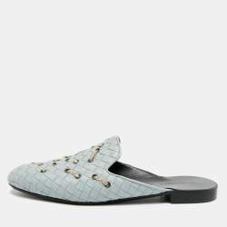 Pre Owned Bottega Veneta Fiandra Size 38.5 Grey Intrecciato Leather Flat Mules