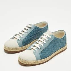 Pre Owned Bottega Veneta Size 37.5 Blue/Grey Intrecciato Leather and Suede Lace Up Sneakers