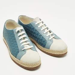 Pre Owned Bottega Veneta Size 37.5 Blue/Grey Intrecciato Leather and Suede Lace Up Sneakers