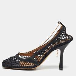 Pre Owned Bottega Veneta Stretch Size 37 Black Leather and Mesh Ankle Strap Pumps