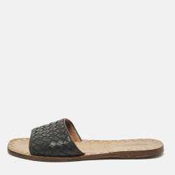 Pre Owned Bottega Veneta Size 37.5 Black Intrecciato Leather Flat Slip On