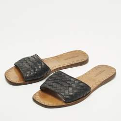 Pre Owned Bottega Veneta Size 37.5 Black Intrecciato Leather Flat Slip On