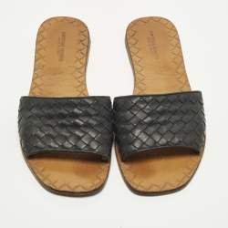 Pre Owned Bottega Veneta Size 37.5 Black Intrecciato Leather Flat Slip On
