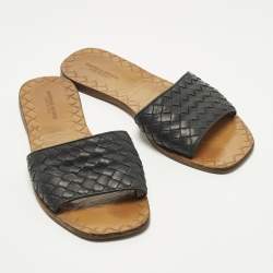 Pre Owned Bottega Veneta Size 37.5 Black Intrecciato Leather Flat Slip On