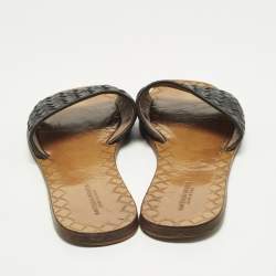 Pre Owned Bottega Veneta Size 37.5 Black Intrecciato Leather Flat Slip On