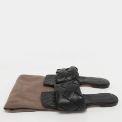 مملوكة مسبقًا Bottega Veneta Lido Size 38.5 Black Intrecciato Leather Flat Slides 