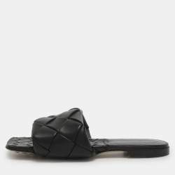 مملوكة مسبقًا Bottega Veneta Lido Size 38.5 Black Intrecciato Leather Flat Slides 