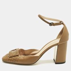 Pre Owned Bottega Veneta Size 38 Brown Leather Ankle Strap Pumps