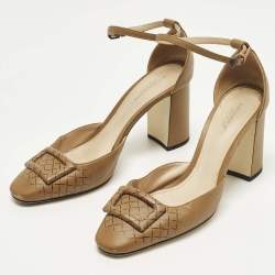 Pre Owned Bottega Veneta Size 38 Brown Leather Ankle Strap Pumps