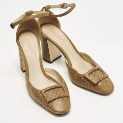 Pre Owned Bottega Veneta Size 38 Brown Leather Ankle Strap Pumps