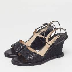 Pre Owned Bottega Veneta Size 39 Black Intrecciato Leather Wedge Sandals 