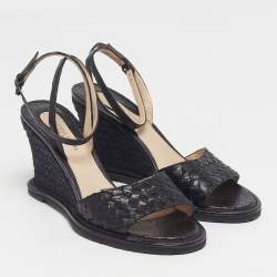 Pre Owned Bottega Veneta Size 39 Black Intrecciato Leather Wedge Sandals 
