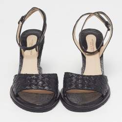 Pre Owned Bottega Veneta Size 39 Black Intrecciato Leather Wedge Sandals 