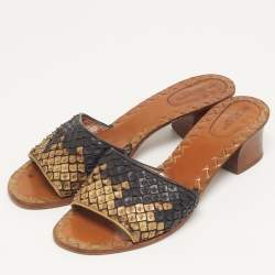 Pre Owned Bottega Veneta Ravello Size 41 Black/Gold Leather Slide Sandals