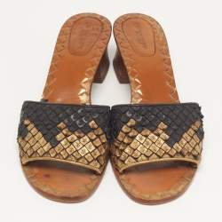 Pre Owned Bottega Veneta Ravello Size 41 Black/Gold Leather Slide Sandals