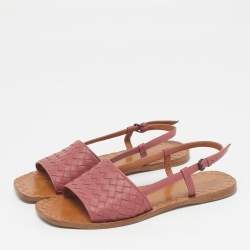 Pre Owned Bottega Veneta Calvados Size 41 Pink Intrecciato Leather Slingback Sandals