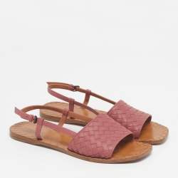 Pre Owned Bottega Veneta Calvados Size 41 Pink Intrecciato Leather Slingback Sandals