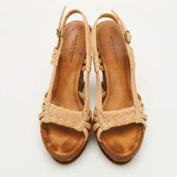 Pre Owned Bottega Veneta Size 37 Beige Leather Slingback Platform Wedge Sandals