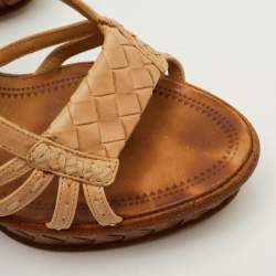 Pre Owned Bottega Veneta Size 37 Beige Leather Slingback Platform Wedge Sandals