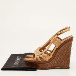 Pre Owned Bottega Veneta Size 37 Beige Leather Slingback Platform Wedge Sandals