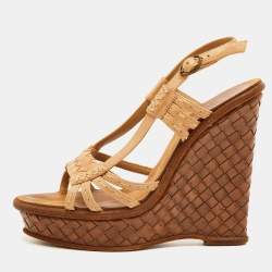 Pre Owned Bottega Veneta Size 37 Beige Leather Slingback Platform Wedge Sandals