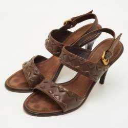 Pre Owned Bottega Veneta Double Strap Size 39.5 Dark Brown Weave Leather Slingback Sandals