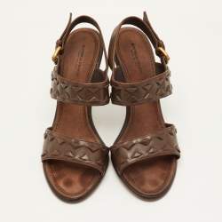 Pre Owned Bottega Veneta Double Strap Size 39.5 Dark Brown Weave Leather Slingback Sandals
