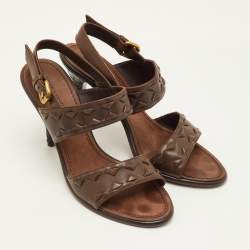 Pre Owned Bottega Veneta Double Strap Size 39.5 Dark Brown Weave Leather Slingback Sandals