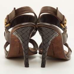 Pre Owned Bottega Veneta Double Strap Size 39.5 Dark Brown Weave Leather Slingback Sandals