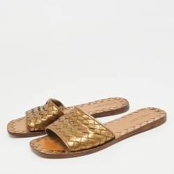 Pre Owned Bottega Veneta Intrecciato Size 36 Metallic Bronze Leather Flat Slide