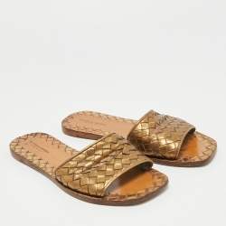 Pre Owned Bottega Veneta Intrecciato Size 36 Metallic Bronze Leather Flat Slide