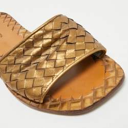 Pre Owned Bottega Veneta Intrecciato Size 36 Metallic Bronze Leather Flat Slide