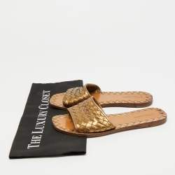 Pre Owned Bottega Veneta Intrecciato Size 36 Metallic Bronze Leather Flat Slide