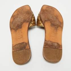 Pre Owned Bottega Veneta Intrecciato Size 36 Metallic Bronze Leather Flat Slide