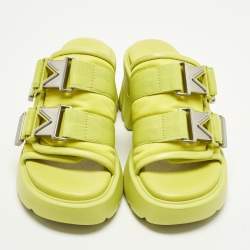 Pre Owned Bottega Veneta Flash Bomber Size 40 Neon Yellow Nylon and Leather Slide Sandals