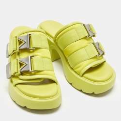 Pre Owned Bottega Veneta Flash Bomber Size 40 Neon Yellow Nylon and Leather Slide Sandals