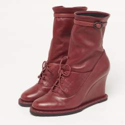 Pre Owned Bottega Veneta Veneta Size 38 Burgundy Leather Wedge Ankle Length Boots