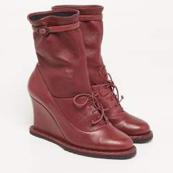 Pre Owned Bottega Veneta Veneta Size 38 Burgundy Leather Wedge Ankle Length Boots
