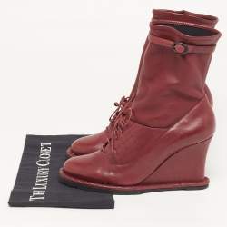 Pre Owned Bottega Veneta Veneta Size 38 Burgundy Leather Wedge Ankle Length Boots
