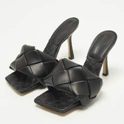 Pre Owned Bottega Veneta Lido Size 37 Black Intrecciato Leather Slide Sandals