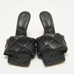Pre Owned Bottega Veneta Lido Size 37 Black Intrecciato Leather Slide Sandals