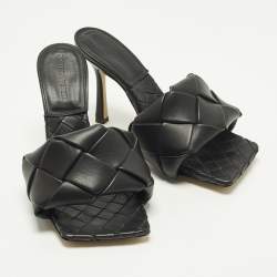 Pre Owned Bottega Veneta Lido Size 37 Black Intrecciato Leather Slide Sandals